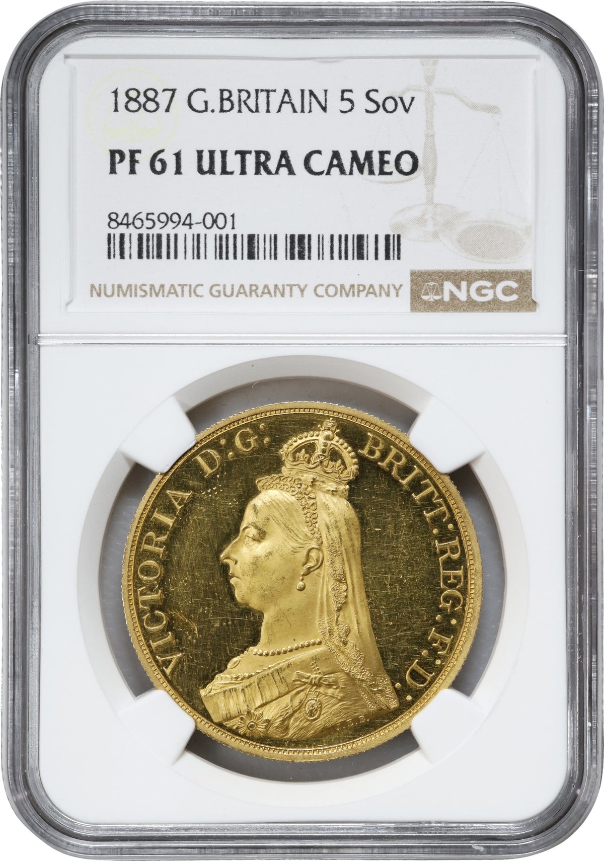 イギリス 1887 ヴィクトリア 5ポンド金貨 ジュビリーヘッド NGC PR61 UC
