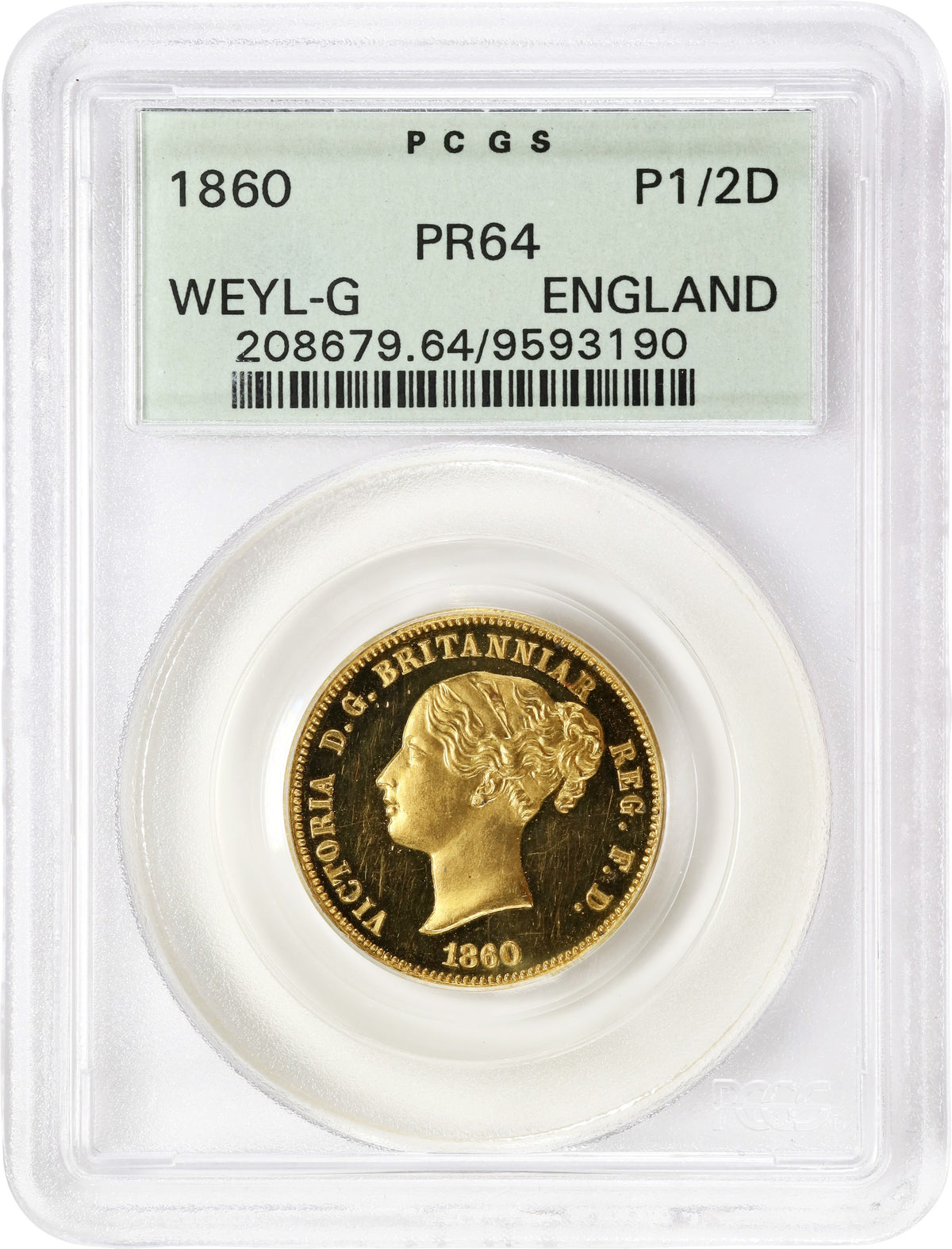 イギリス 1860 ヴィクトリア ハーフペニー 金製試作貨 PCGS PR64